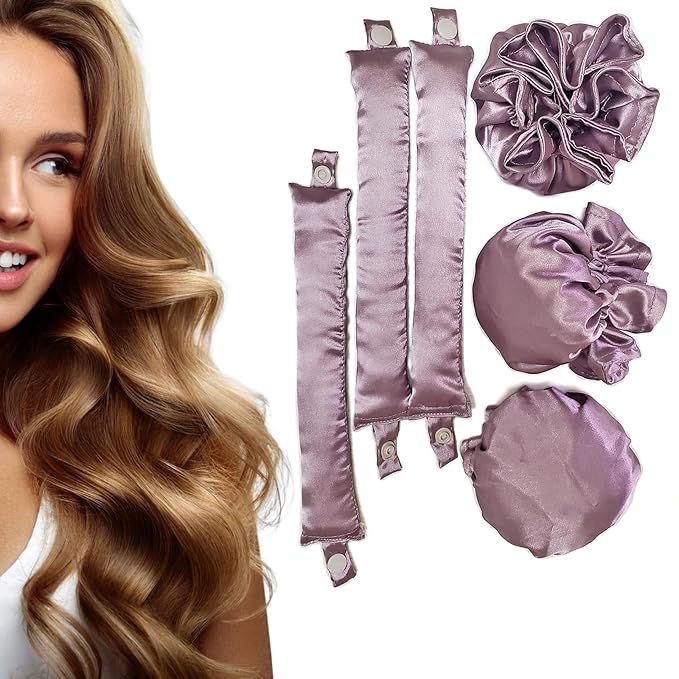 3Sets/6PCS Ariuvor New Satin Heatless Hair Curler,Soft Heatless Curling Rod Headband for Long Hair and Short Hair,No Heat Curling to Sleep in Overnight (light purple)