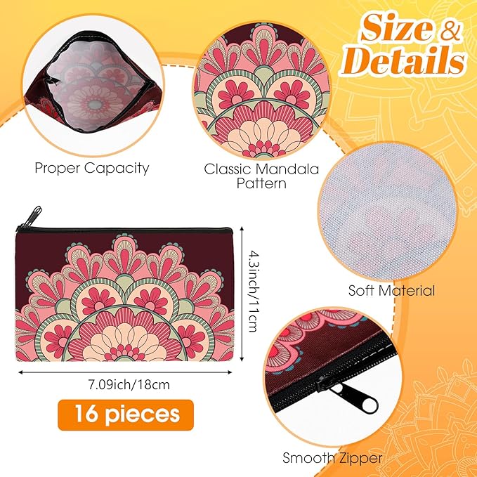 Yahenda 16 Pcs Canvas Makeup Bags Bulk for Women Inspirational Cosmetic Zipper Pencil Pouch Travel Toiletry Bag for Birthday Mother's Day Nurse Gifts(Mandala)