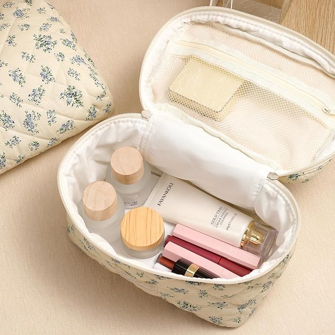 uekeboag 3Pcs Quilted Cotton Makeup Bag,Coquette Quilted Toiletry Bag for Women and Girls,Floral Coquette Pouch,Cute Kawaii Travel Cosmetic Bags(3Pcs pink flower)