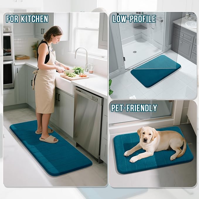 Yimobra Large Bath Mat Set 2 Piece- Super Soft Absorbent Quick Dry Memory Foam Bathroom Rugs, Machine Washable Non Slip Floor Carpet for Tub Shower & Double Vanity (17x24 & 44x24, Peacock Blue)