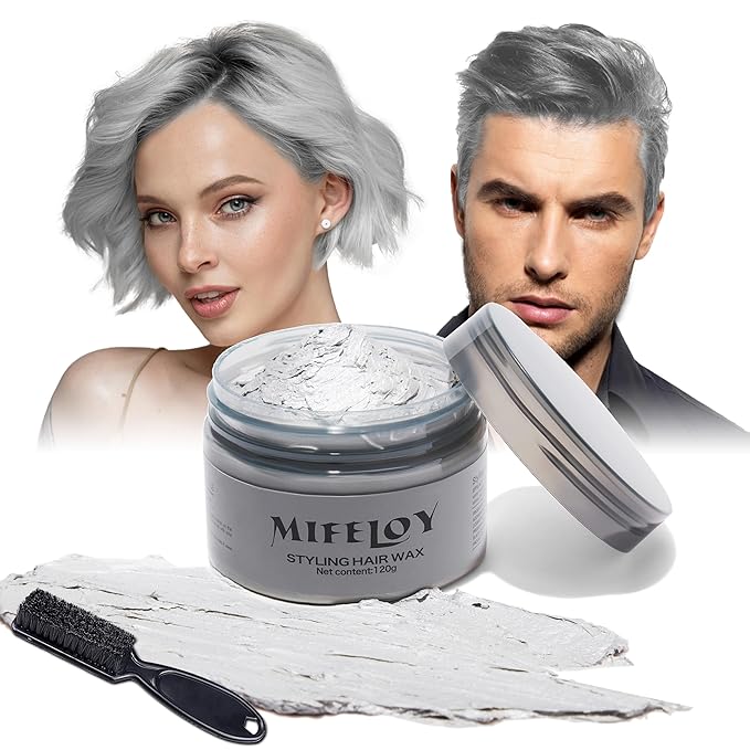 Temporary Silver Gray Hair Spray Color Wax with Dye Brush, Instant Natural Hairstyle Cream 4.23 oz, Disposable Coloring Mud for Men Women Youth, Grey Styling Pomades, Party Cosplay DIY Halloween