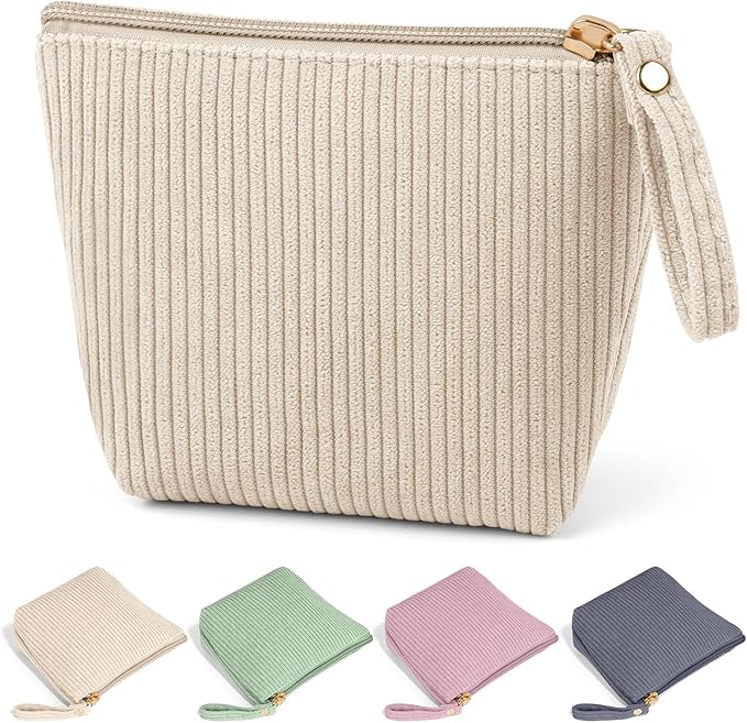 MAGEFY Mini Makeup Bag, Cute Small Makeup Bag for Purse Corduroy Cosmetic Bag for Women with Slip-in Pockets Travel Purse Essentials Lipstick Bag (Beige,Mini)