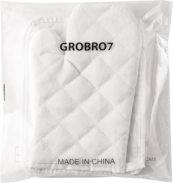 GROBRO7 6Pcs Cotton Oven Mitts and Pot Holders Set Heat Resistant Hot Pads Machine Washable BBQ Gloves with Hanging Loop Durable Pocket Pot Holder for Kitchen Baking Grilling Cooking White