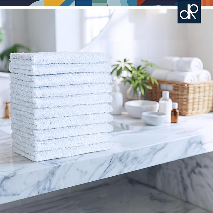 DecorRack 10 Pack 100% Cotton Wash Cloth, Luxurious Soft, 12 x 12 inch Ultra Absorbent, Machine Washable Washcloths, White (10 Pack)