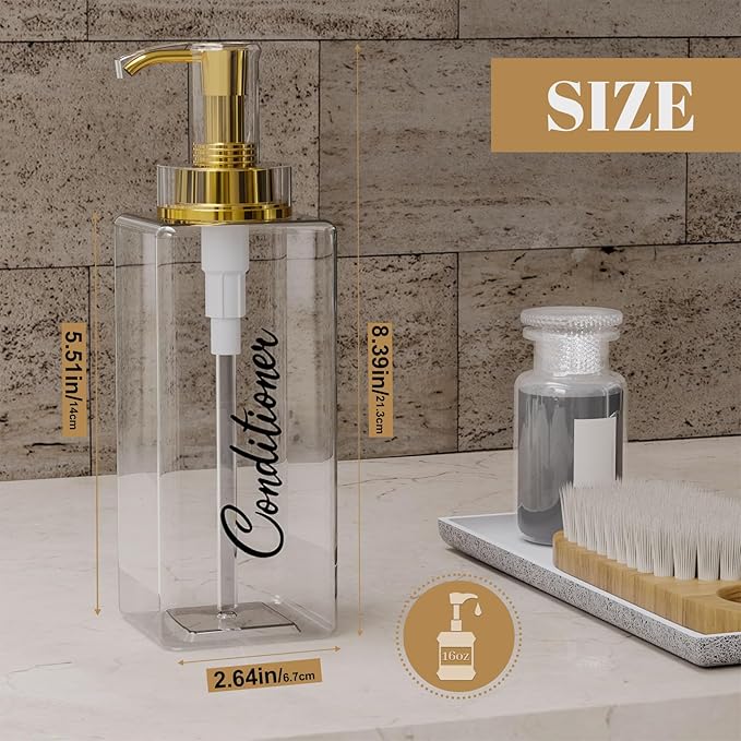 Akalin Shiny Shampoo and Conditioner Dispenser 16oz, Set of 3 Refillable Shampoo and Conditioner Shiny Bottles with Pump, 3 Clear Body Wash Dispenser for Shower, Gold Soap Dispenser Bathroom (Clear)