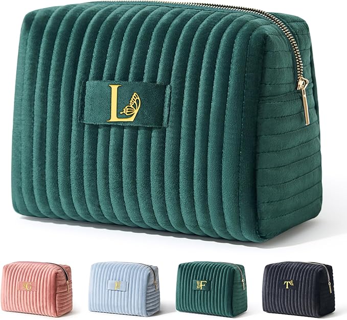 COSHAYSOO Sister Birthday Gifts for Women Best Friend Bestie Friendship Fashion Makeup Bag Make Up Cosmetic Pouch Travel Size Toiletries Skin Care Essentials Organizer Green Velvet Initial Letter L