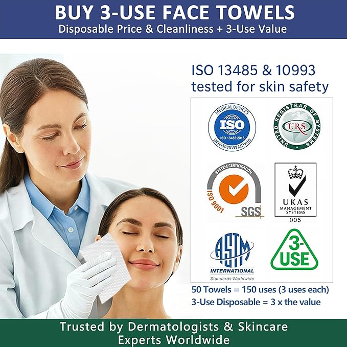 3D Nonwoven Face Towels-XL 13”x10”, 50Cts=150 Uses, Cut Waste & Cost 70%, Ultra-Clean, Soft & Durable, Dual-Surface: Cleanse, Exfoliate, Includes Wash Bag & Hook