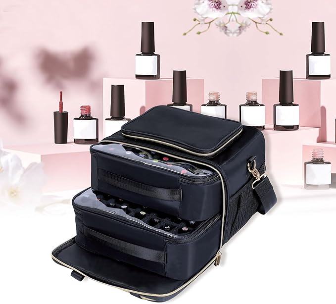 Nail Polish Organizer Holds 80 Bottles, with Two Removable Case, Portable Travel Nail Kit Storage Bag for Manicurist, Nail Art Enthusiasts,Black