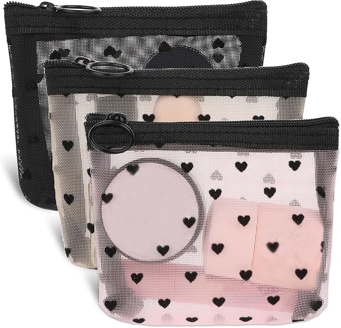 3Pcs Mini Cosmetic Bags, Heart Print Mesh Zipper Bags, Lipstick Accessories Organizer, Makeup Bag for Women, Small Purse Bag, 3 Colors