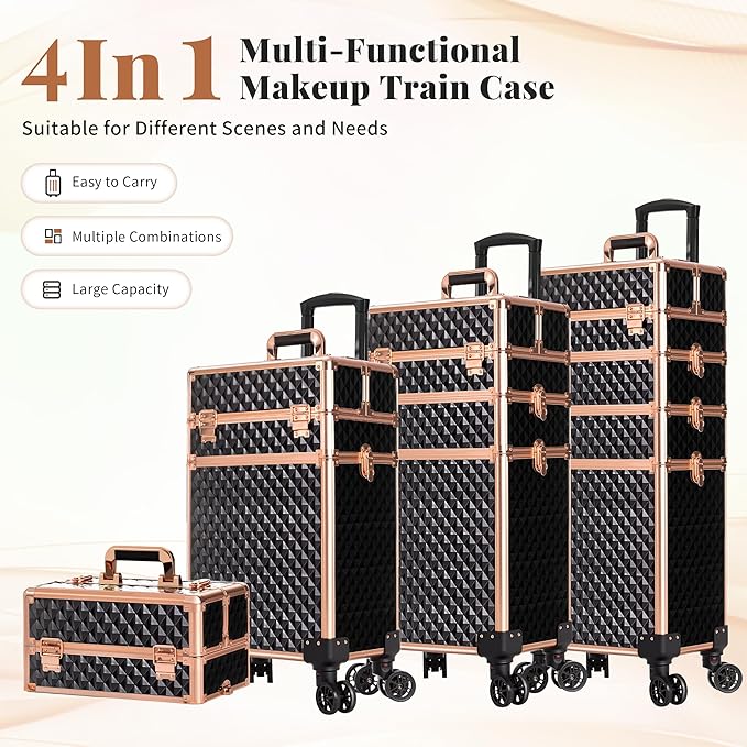 AROUS Rolling Makeup Train Case 4 in 1 Cosmetology Case on Wheels Large Storage Cosmetic Trolley with Key Salon Barber Case Traveling Cart Trunk,Gold&Black