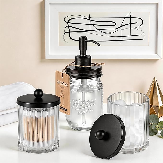 Amolliar Qtip Holder Dispenser for Cotton Swabs, Cotton Balls, Pads, Floss Picks, Clear Glass Canister Apothecary Jar, Bathroom Essential Accessories Decor, Bathroom Storage Organizer (Black, 2 Pack)