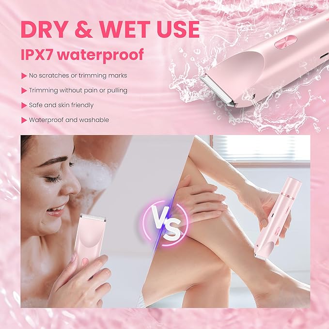 Bikini Trimmer for Women-2 in 1 Dual Head Electric Razors,USB Rechargeable Bikini Electric Shaver,IPX7 Waterproof Dry & Wet Use Body Hair Trimmer and Facial Hair Remover for Underarm Leg Body,Pink