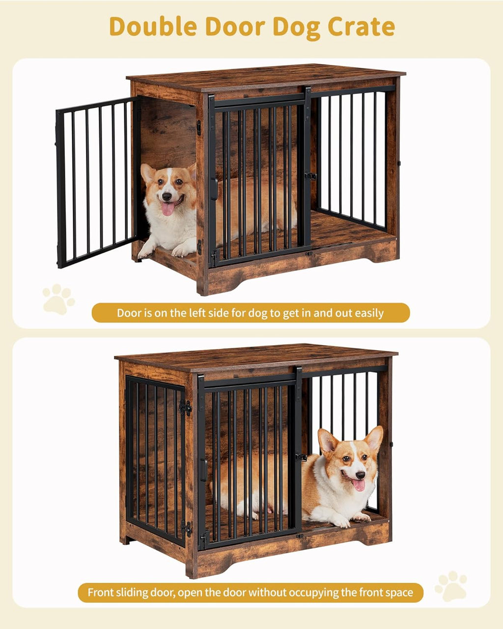 31.9" Dog Crate Furniture with Barn Door, Heavy Duty Dog Kennel Indoor with 2 Doors, Wooden Pet Cage End Table for Small Medium Dogs up to 44 lb, Anti-Chew Anti-Escape, Rustic Brown DFC83601B