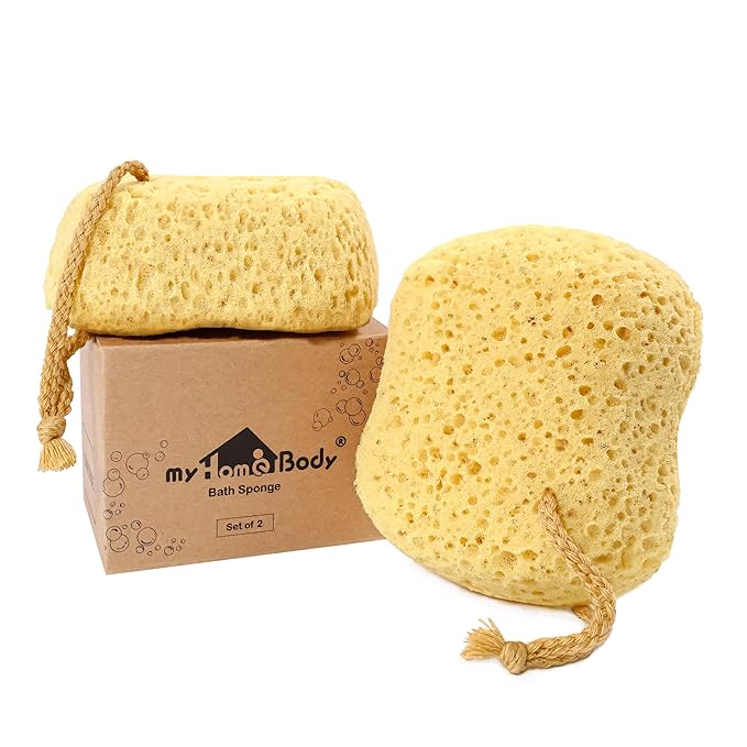 myHomeBody Bath Sponge, Foam Loofah, Body Scrubber for Bathing, Exfoliating Shower Pouf for Shower – Large Size, Lots of Lather, Curvy, 2 Pack