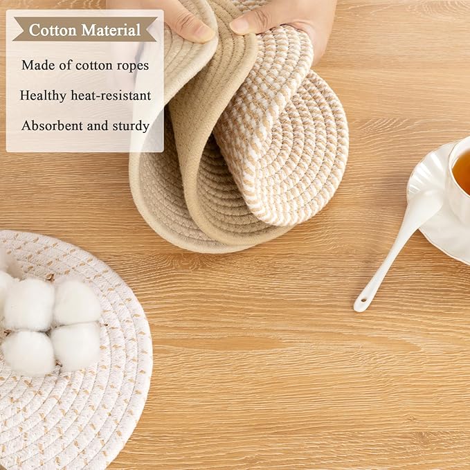 SHACOS 10 Inches Trivets for Hot Dishes, 4 Pieces Cotton Trivets Mats for Kitchen, Hot Pads for Countertops and Table, Heat-Resistant Pot Holders for Hot Pots and Pans(Khaki, 4pcs)