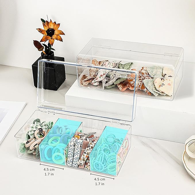JessLab Hair Accessories Organizer for Girls, Acrylic Hair Bow Tie Clip Scrunchie Holder with Dividers, Clear Stackable Storage Box for Bathroom, Bedroom, Vanity Countertop, 4 Compartment