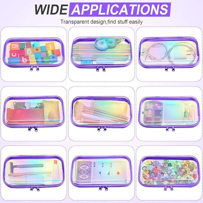 Hoolerry 4 Pcs Hard Clear Zipper Case Makeup Bags Plastic Zipper Pouch Transparent Storage Box Containers for Cosmetics, Snacks, Building Blocks, Puzzles(Clear,7.5 x 3.9 x 2 in,Purple Laser)