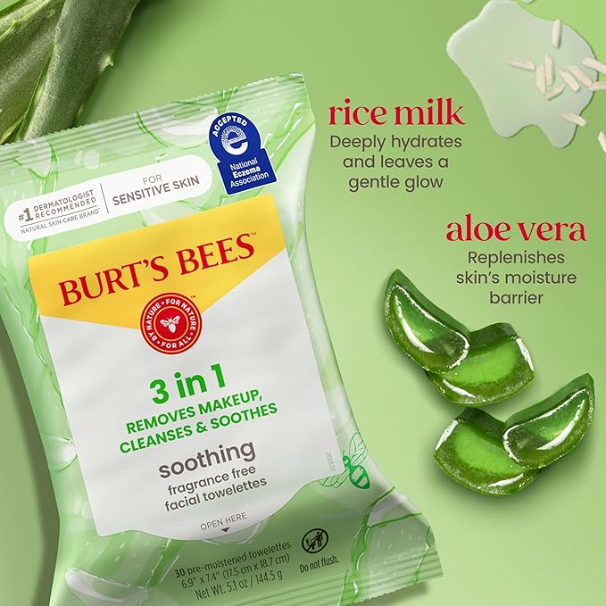 Burt's Bees Aloe Vera Face Wipes, for Sensitive Skin, Soothing Makeup Remover & Facial Cleansing Towelettes, 30 Ct. (18-Pack)