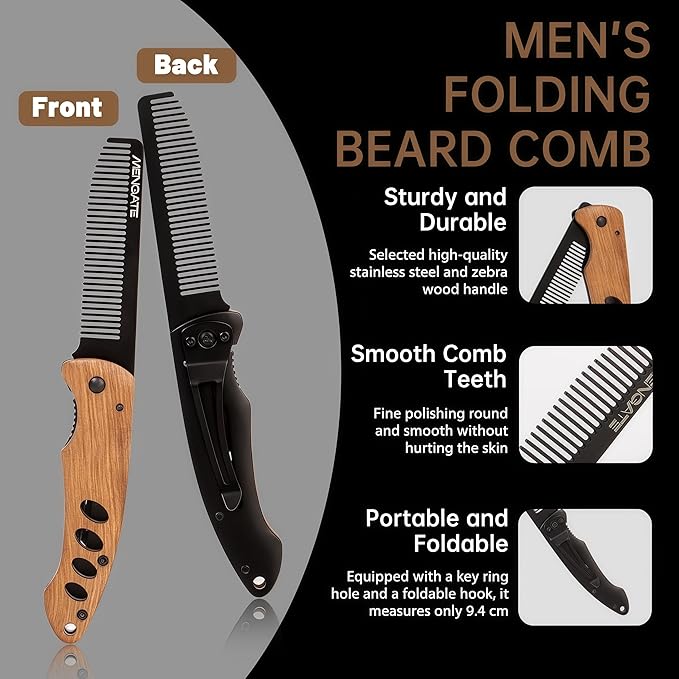 1PC Small Folding Pocket Beard & Mustache & Hair Styling Comb for Men - Metal Tactical Grooming Tool with Wooden Handle for Travel & Home Use - Idea for Stocking Stuffers - Length 6.57inch - Black