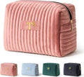 COSHAYSOO Travel Makeup Bag Quilted Make Up Pouch Initial Velvet Cosmetic Case with Butterfly Decorations for Womens Fashion Trending Birthday Easter Valentines Gifts Ideas Unique Pink Letter T