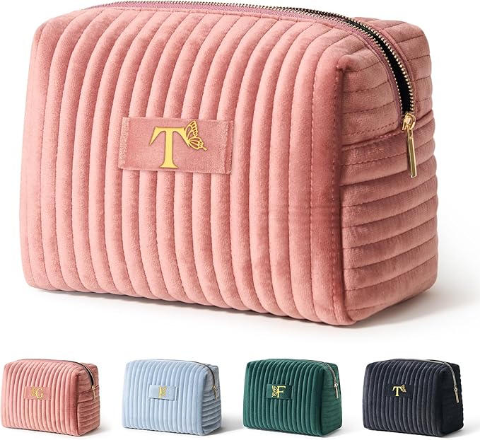 COSHAYSOO Travel Makeup Bag Quilted Make Up Pouch Initial Velvet Cosmetic Case with Butterfly Decorations for Womens Fashion Trending Birthday Easter Valentines Gifts Ideas Unique Pink Letter T