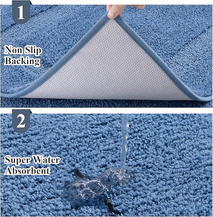 SHACOS Blue Bathroom Rugs Sets 3 Piece, 20"x47"+20"x32" Non Slip Bath Mat and 20"x24" Toilet Rugs U Shaped Washable, Soft Fluffy Water Absorbent Bathroom Floor Mat