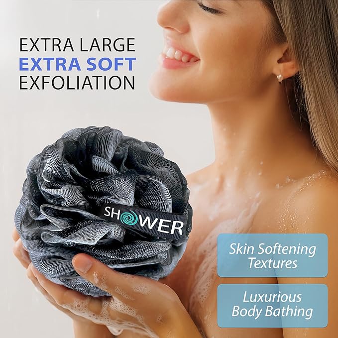SHOWER BOUQUET Loofah-Charcoal Bath-Sponge-4-Pack // Extra-Large 75g Soft Mesh Black Loofa Lufa Loufa Luffa Puff Set/Exfoliating Body Scrubber for Women and Men - Exfoliate & Soothe Face & Body
