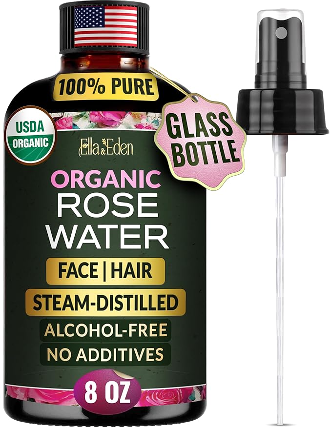 Ella & Eden 100% Pure Organic Rose Water Spray for Face, for Hair - 8oz, Alcohol-Free, No additives - USDA Organic, Steam-Distilled - Refreshing, Hydrating, Glass Bottle