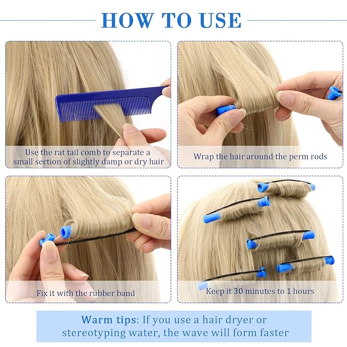 WILLBOND 96 Pcs Hair Perm Rods Plastic Cold Wave Perming Rod for Short Long Hair Curlers Heatless Roller with 2 Steel Pintail Rat Tail Comb for Hairdressing Styling Tool(0.35 Inch/ 0.9 cm,Blue)