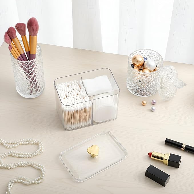 3 Pcs Qtip Holder Dispenser Bathroom Set Cotton Ball Holder Cotton Swabs/ball Storage Box 3 Grids Partition Cosmetics Storage Dispenser for Vanity Tray Candy Container Jar For Home (White)