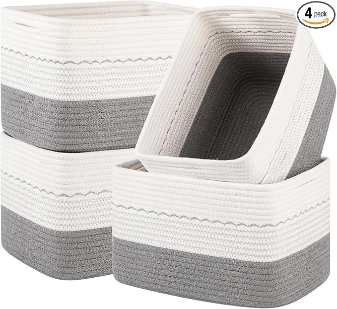 4 Pack Storage Baskets for Organizing, 13"X9"X7.87", Decorative Cotton Rope Baskets for Shelves, Small Woven Basket for Toys, Books and Towels, Grey & White