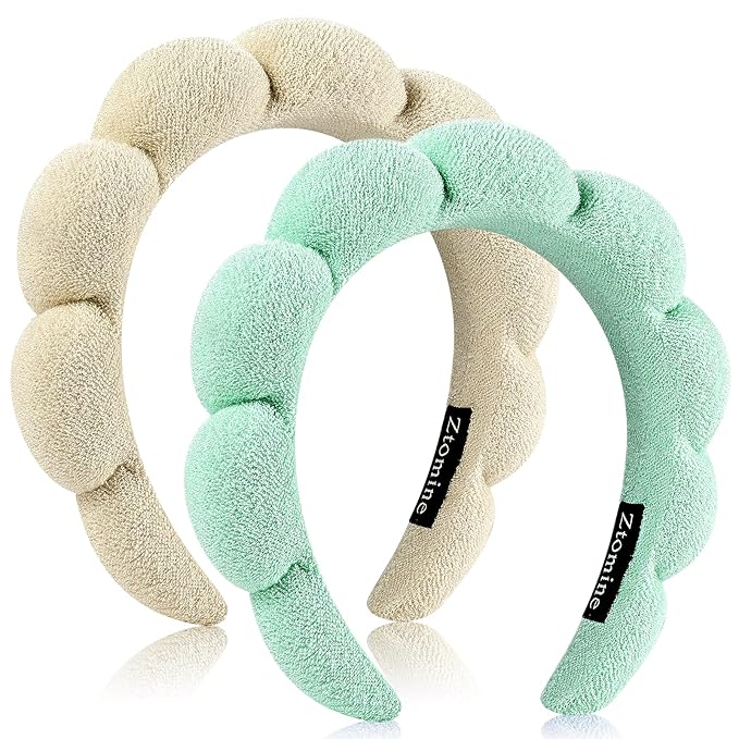 Spa Headbands, Set of 2, Terry Cloth Headband Face Wash Headband Combo Pack - Puffy Makeup Headbands for Face Washing, Mask (beige + turquoise)