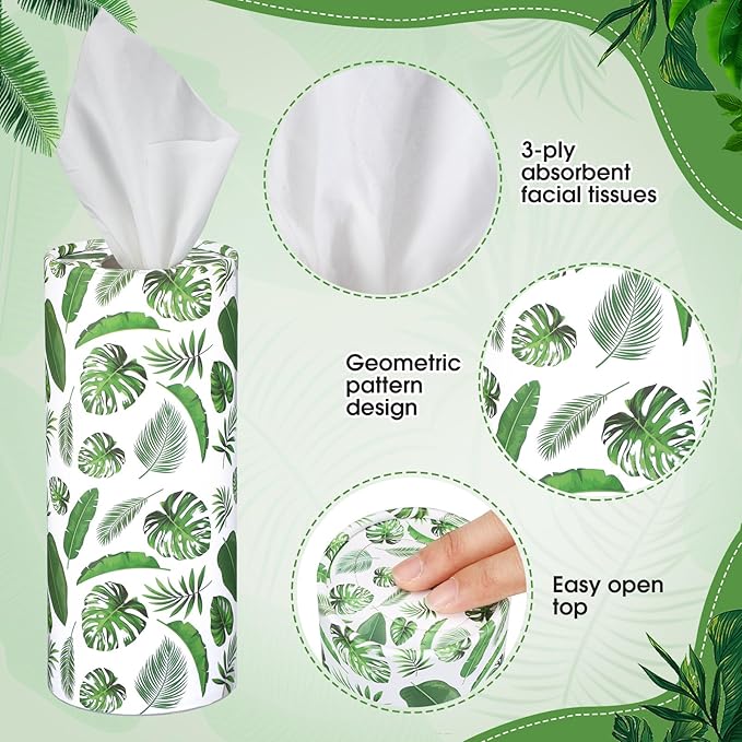 Outus 12 Pcs Eucalyptus Leaves Car Tissues Cylinder Holder with 3 Ply Facial Tissue Bulk Round Tissue Holder Travel Tissues Boxes Container for Car Cup Wedding Birthday Party