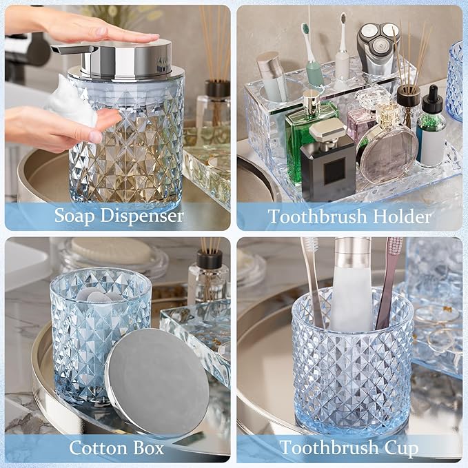 Blue Bathroom Accessories Set, 20 Pcs Glass Bathroom Set with Shower Curtain and Rugs, Soap Dispenser, Soap Dish, Cup, Qtip Jar, Toothbrush Holder, Stylish & Functional Bath Decor for Home, Apartment
