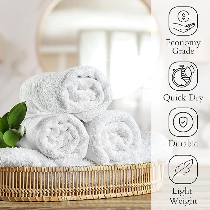 GOLD TEXTILES Bulk Pack 60 Pcs (5 Dozen) White Economy 15x25 Inches Basic Hand Towel - 2.25 lb/dz