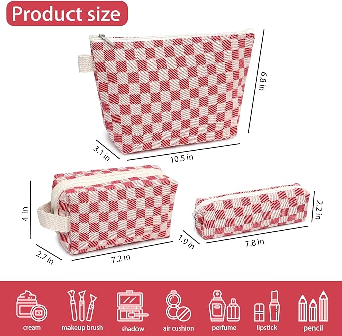 3 Pcs Canvas Makeup Bag Set Checkered Cosmetic Pouch for Women Travel Toiletry Bag Cute Makeup Organizer Purse Pouch Preppy Pencil Case with Zipper (Checkered Red)
