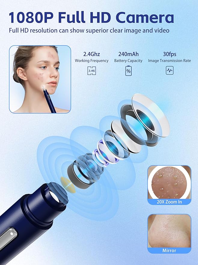 Visual Blackhead Remover Tools with Camera,Pimple Popper Extractor Tool Kit with Camera 20X 1080P Pore Cleaner Acne Comedone Whitehead Extractor Kit for iPhone/Android (Blue)