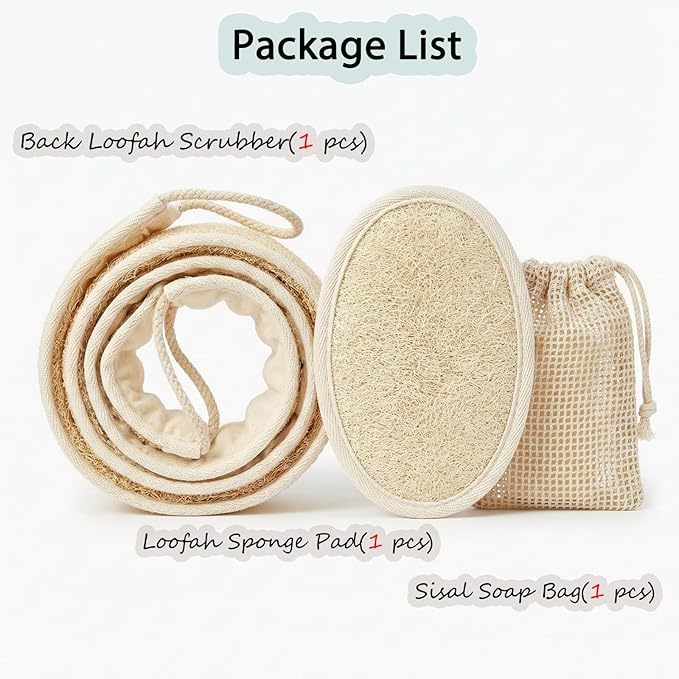 Natural Loofah Back Scrubber for Shower for Men and Women, Exfoliating Loofah Sponge with Soap Saver, 4-pcs