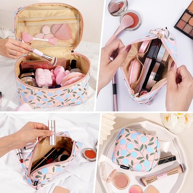 MAANGE 4PCS Makeup Bag for Women, Cosmetic Bag Set, Portable Large Travel Makeup Bag, Bolsa de Maquillaje, Impermeable Oxford Cloth Make Up Organizer with Gold Zipper(Pink Plants)