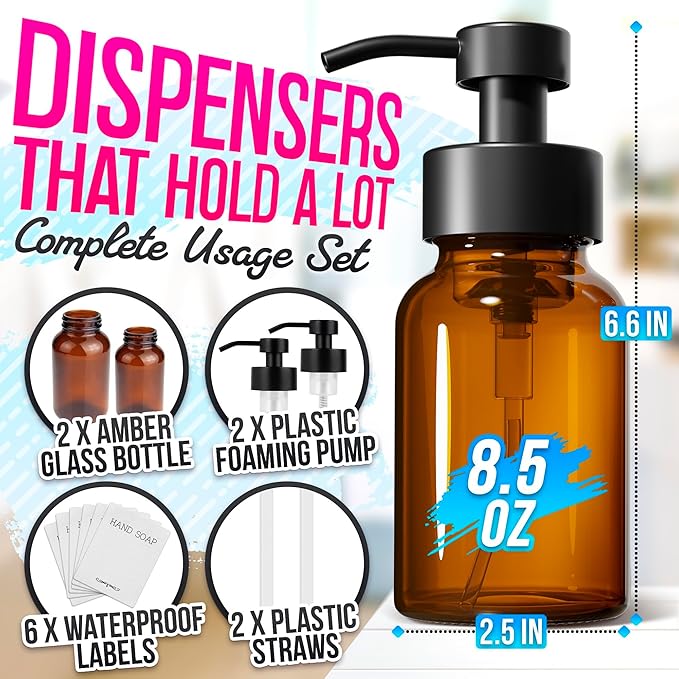2Pcs Amber Glass Foaming Soap Dispenser - 8.5 oz Amber Glass Soap Dispenser with Pump, Compatible with Hand Soap, Dish Soap, Shampoo and Gel, Durable, Stylish & Refillable for Bathroom and Kitchen
