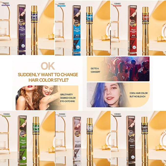 Hair Coloring Wand, 6 Colors Temporary Hair Mascara with Brush - No Bleach Formula, Smudge-Resistant & Quick-Drying for Highlights, Ombre, Daily Styling