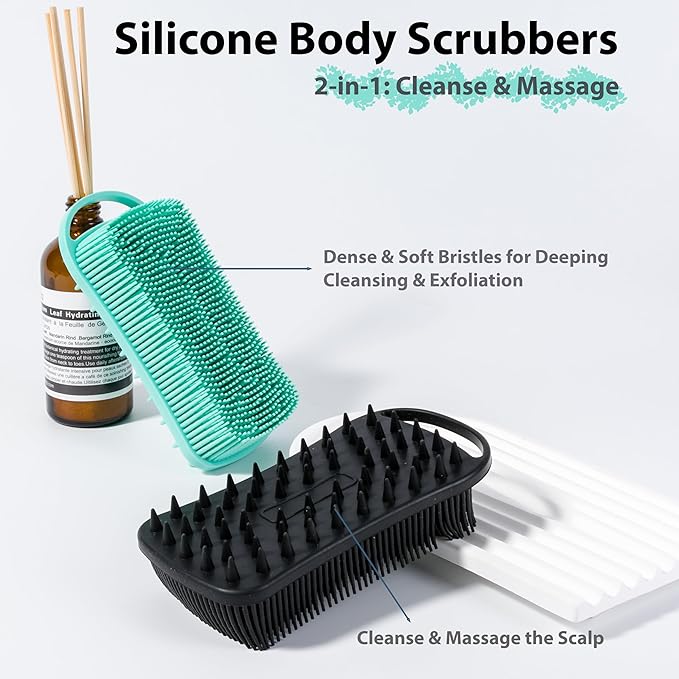2 PC Silicone Body Scrubber, 2 in 1 Exfoliating Shower Bath Scrubber, Soft Silicone Loofah for Sensitive Skin, Shower Hair Scalp Massager, Easy to Clean, Lather Well (Black&Green)
