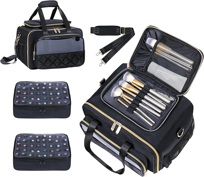 Nail Polish Organizer Holds 80 Bottles, with Two Removable Case, Portable Travel Nail Kit Storage Bag for Manicurist, Nail Art Enthusiasts,Black