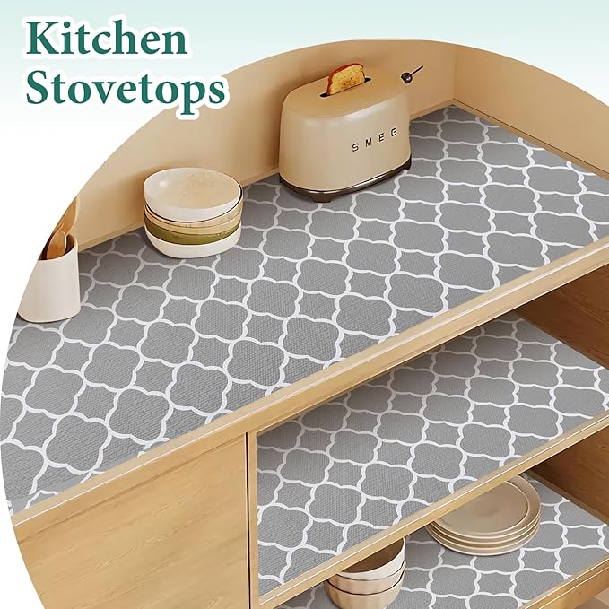 Shelf Liners for Kitchen Cabinets 12in x 30FT Non Adhesive Drawer Liner Gray Quatrefoil Thickened Shelf Liner Paper Strong Non-Slip Easy to Clean for Tool Box Refrigerator with Knife and Tape Measure