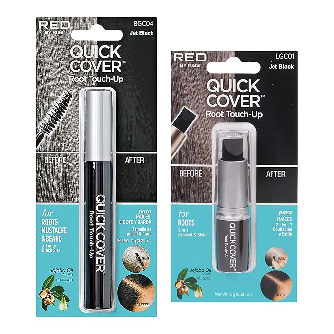 RED by Kiss Quick Cover Gray Hair Touch Up, Root Touch Up, Moisturize and Shine, Brush Type & Stick Type Set (Jet Black)