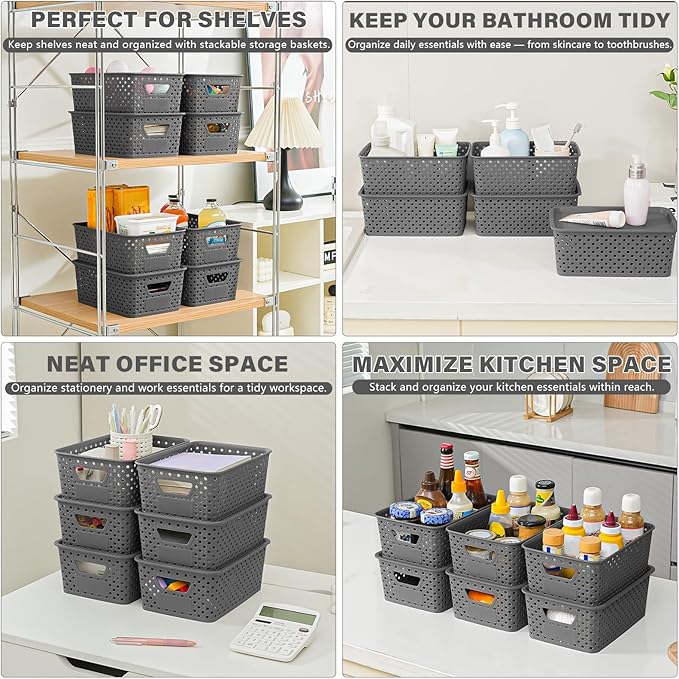 10 Pack Plastic Storage Bins with Lids, Stackable Plastic Storage Baskets for Organizing with Handles, Organizer Bins with Labels for Room, Craft, Containers for Pantry Organizers and Storage, Grey