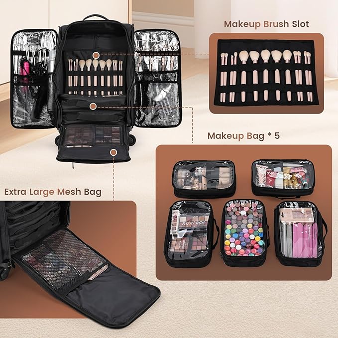 Stagiant Rolling Makeup Case Professional Travel Makeup Organizer Make up Storage Cosmetic Trolley Suitcase Makeup Storage