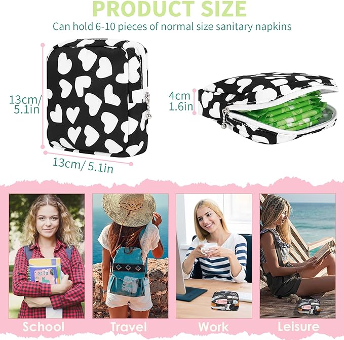 Desing Wish Portable Period Bag for Teen Pads, Napkins, Small Tampons - Sanitary Storage Bag, First Period Gifts for Teen Girls (Hearts)