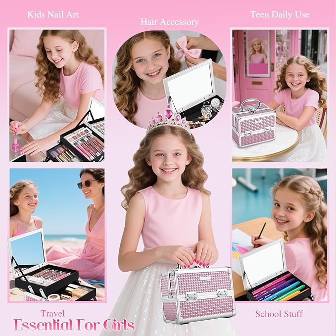 Joligrace Makeup Case Portable Makeup Box Travel Train Case Cosmetic Case Organizer with 2 trays Mirror Locking Make Up Storage Vanity Craft Nail Case Traveling Cosmetic Box for Girls Pink