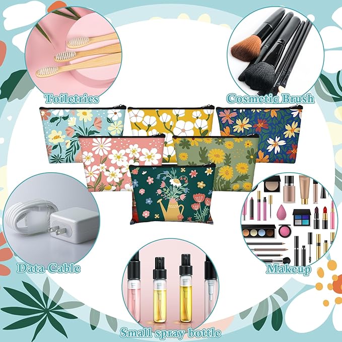 Sweetude 12 Pcs Spring Flowers Makeup Bag Bulk Portable Travel Cosmetic Bags with Zipper Simple Floral Waterproof Roomy Travel Beauty Toiletry Organizer Storage Pouch for Women Spring Gifts